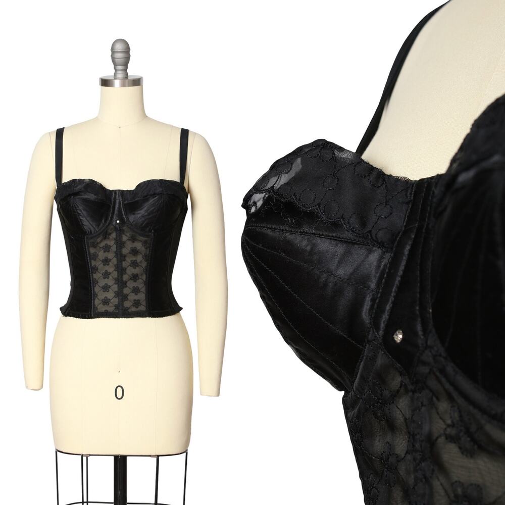Vintage 1950s Bullet Bra 50s Black Longline Bustier Satin Embroidered 32B